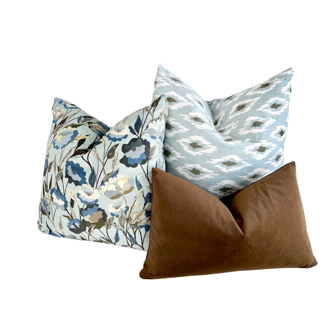 Floral Blue Brown Throw Pillow 22"