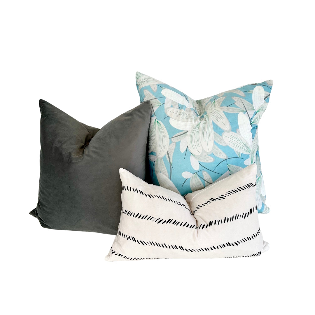 Floral Blue Gray Throw Pillow 22"